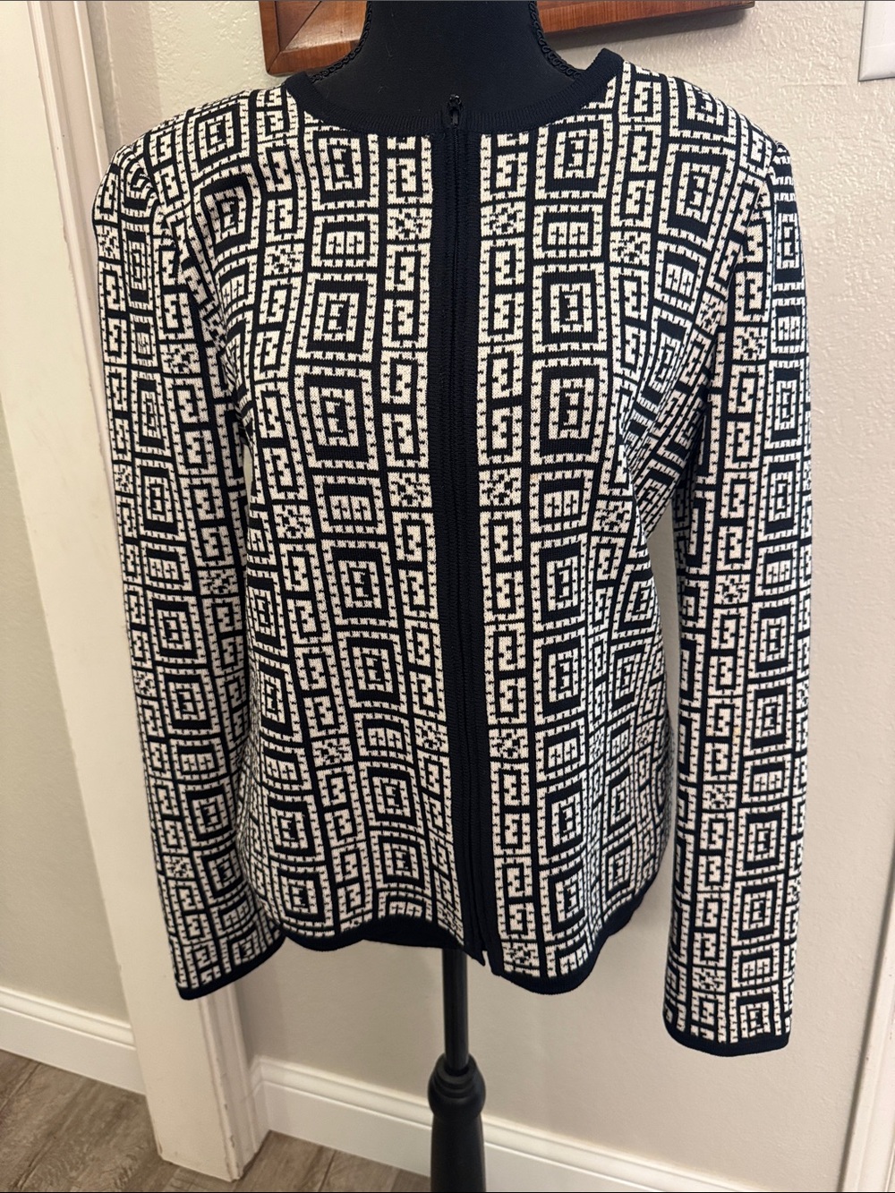 St. John Black & Cream Geometric Knit Jacket